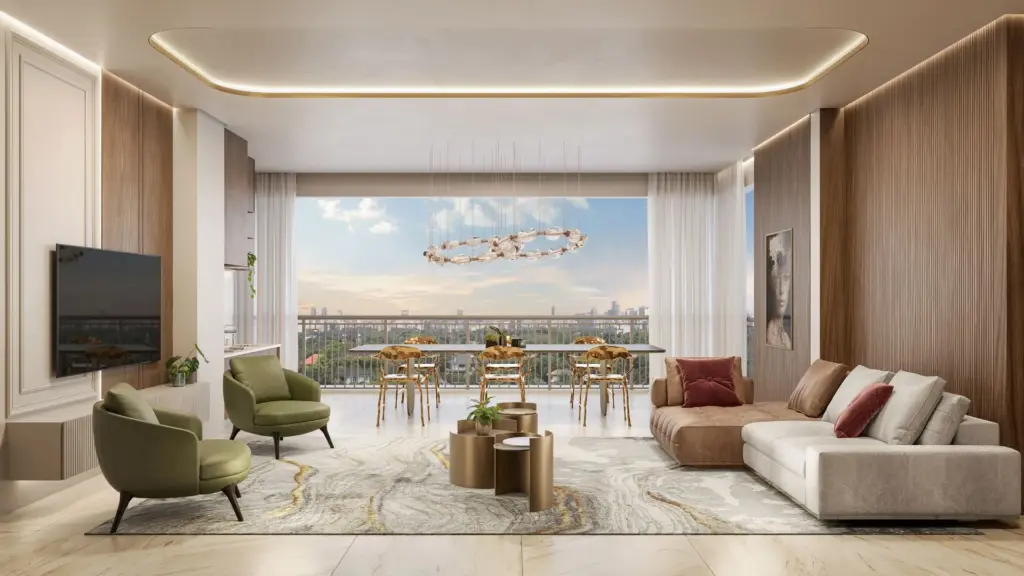 Living Do Apartamento De 112 M² Do The Palace Oasis, Perspectiva Ilustrada