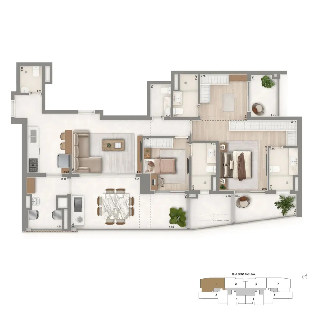 Planta Opção De 129 M² Com 2 Suítes, Cozinha Aberta E Closet Ampliado Do The Palace Oasis