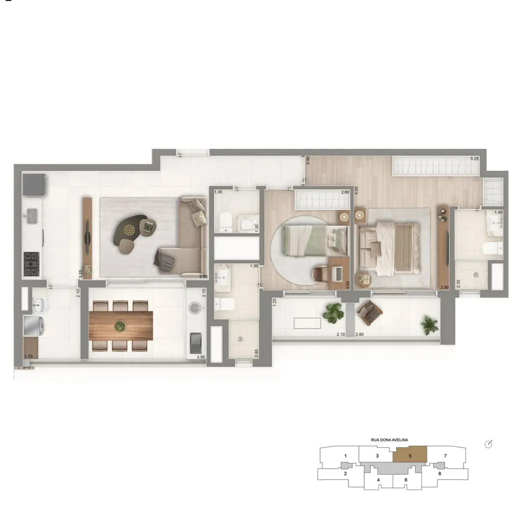 Planta Opção De 83 M² Com 2 Suítes E Cozinha Aberta Do The Palace Oasis