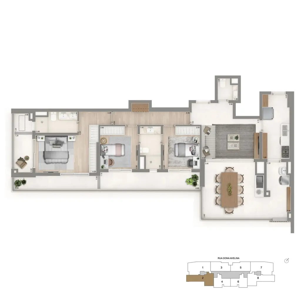 Planta Padrão De 128 M² Com 3 Dormitórios E Terraços Descobertos Do The Palace Oasis