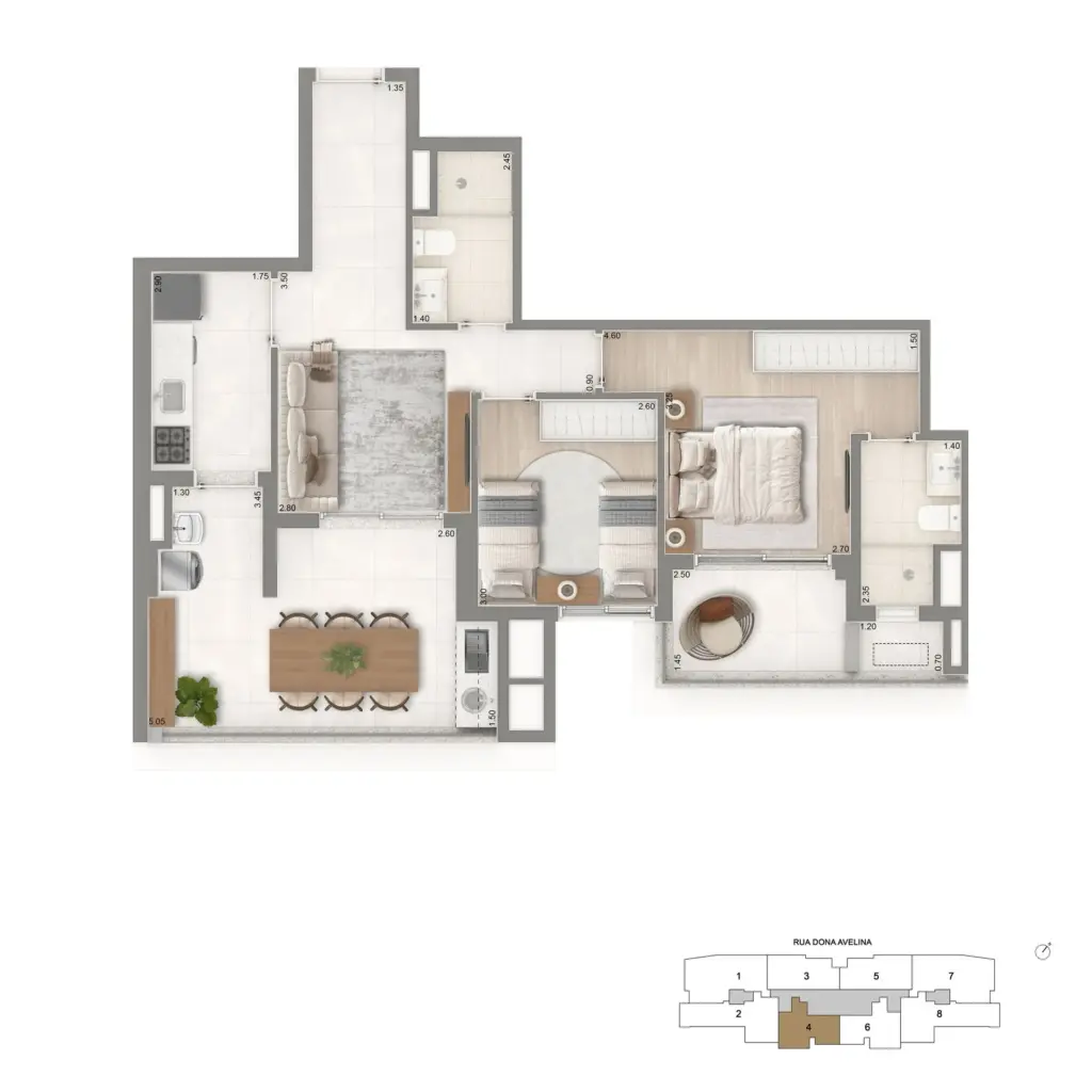 Planta Padrão De 76 M² Com 2 Dormitórios Do The Palace Oasis